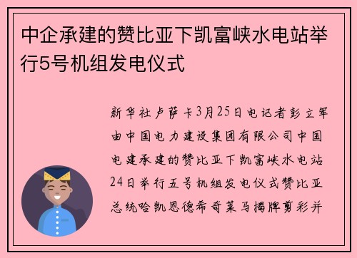 中企承建的赞比亚下凯富峡水电站举行5号机组发电仪式